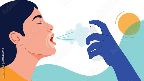 Person using a mouth spray with visible vapor, symbolizing oral hygiene, fresh breath, or relief from throat discomfort.