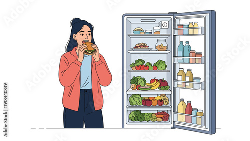 Woman enjoying a hamburger in front of an open refrigerator full of healthy food, contrasting food choices and diet.