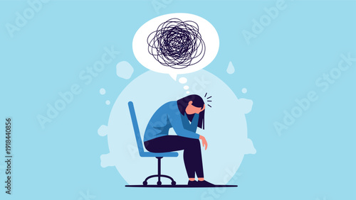 Stressed woman sitting dejectedly in a chair with a tangled thought bubble, symbolizing mental distress, anxiety, and overwhelm.