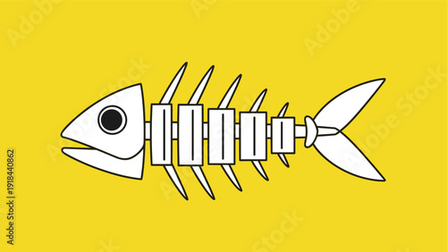 Minimalist outline of a fish skeleton on a vibrant yellow background, representing biology, anatomy, and marine life.