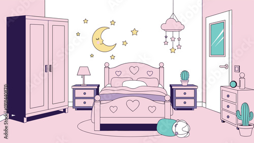 Cozy and cute pink bedroom with a sleeping cat, moon, and stars, symbolizing comfort, relaxation, and peaceful sleep.