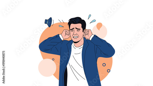 Distressed man covering his ears, reacting to loud and irritating noise, symbolizing noise pollution or auditory discomfort.