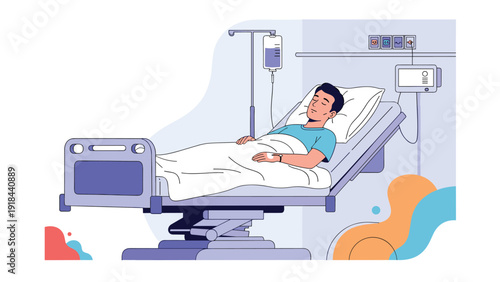 Man lying in a hospital bed with an IV drip, symbolizing hospitalization, recovery, and receiving essential medical care.