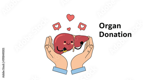 Hands tenderly holding cartoon organs with hearts and "Organ Donation" text, symbolizing organ donation awareness and saving lives.