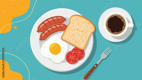 Delicious full breakfast plate featuring sausages, fried egg, toast, tomatoes, and a cup of coffee for a morning meal.