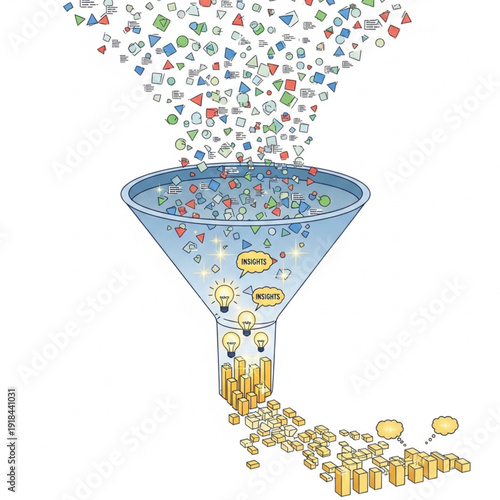 An illustration depicting a funnel transforming diverse incoming data into valuable insights and golden results.