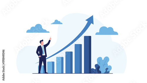 Confident businessman pointing upwards next to a steadily growing bar chart, symbolizing business growth and financial success.