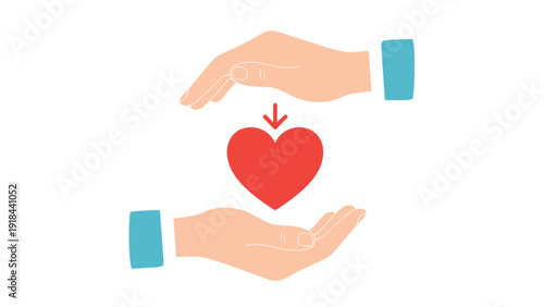 Two hands protectively cupping a red heart with a downward arrow, symbolizing heart care, emotional support, and love.