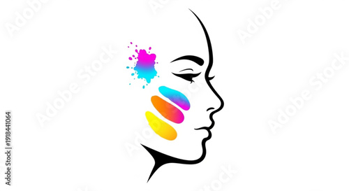 Woman's face profile with colorful makeup smudges and splatter on white background illustration