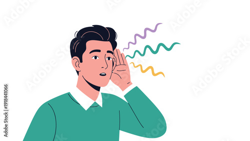 Man cupping his ear, intently trying to hear something, with wavy lines symbolizing sound, indicating listening or hearing issues.