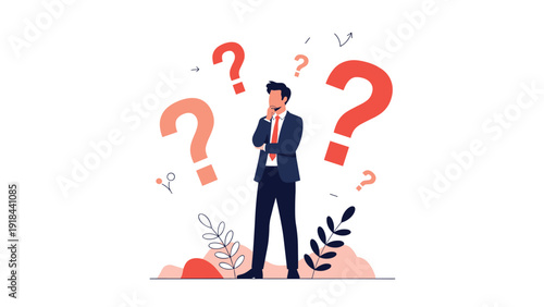 Thoughtful businessman looking perplexed, surrounded by large red question marks, symbolizing confusion and critical decision-making.