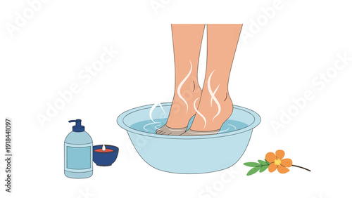 Feet soaking in a bowl of warm water with a candle and lotion, symbolizing a relaxing foot bath and self-care.
