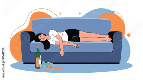 Woman passed out on a couch next to a fallen wine bottle and spilled wine, symbolizing alcohol abuse and intoxication.