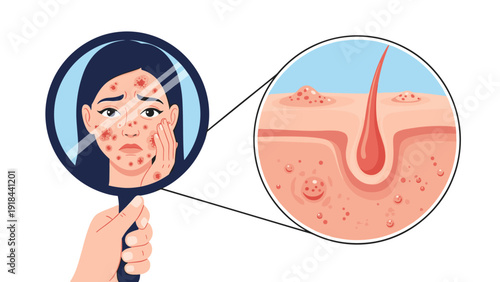 Distressed woman looking in a mirror at her face full of acne and skin problems, with a magnified view of inflamed pores.