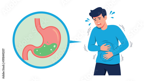 Man clutching his stomach in intense pain, with a magnified view of a stomach with green liquid, symbolizing indigestion.