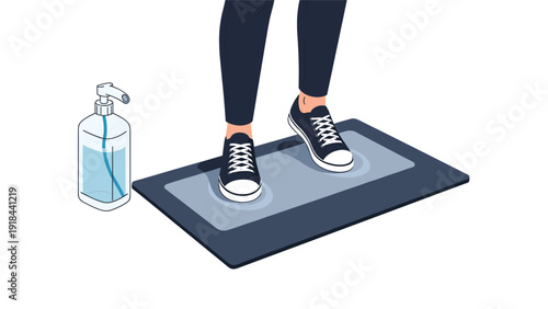 Feet standing on a sanitizing mat next to a hand sanitizer bottle, symbolizing essential hygiene and germ prevention measures.