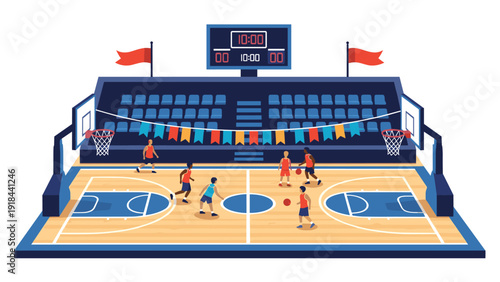 Lively basketball game in progress on a court with players and spectators, symbolizing sports, competition, and teamwork.
