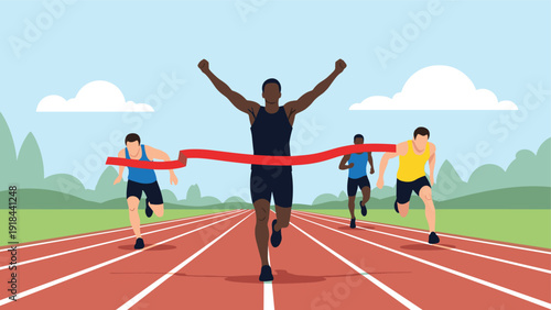 Triumphant athlete crossing the finish line first in a race, celebrating victory and achievement with raised arms.