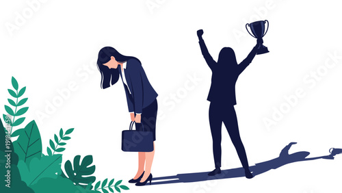 Businesswoman feels sad and unconfident about her success, but her shadow reveals a confident winner holding a trophy.