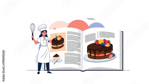 Female chef holding a whisk and a large open cookbook, smiling while looking at a delicious chocolate cake recipe with berries.