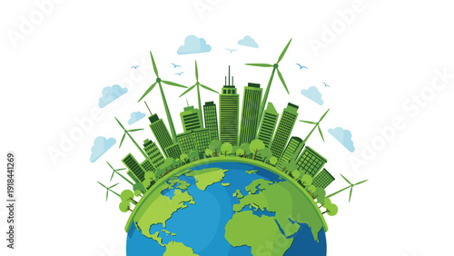 Vibrant green city with modern buildings and wind turbines built on a healthy Earth globe, symbolizing sustainable energy.