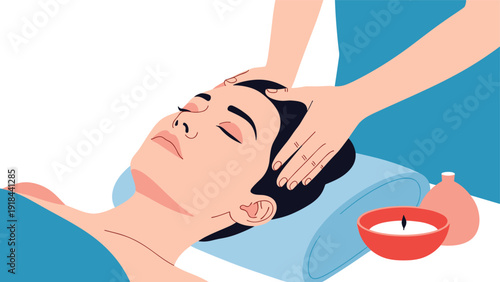 Young woman relaxing during a head massage at a spa, enjoying the serene atmosphere with a lit candle nearby.