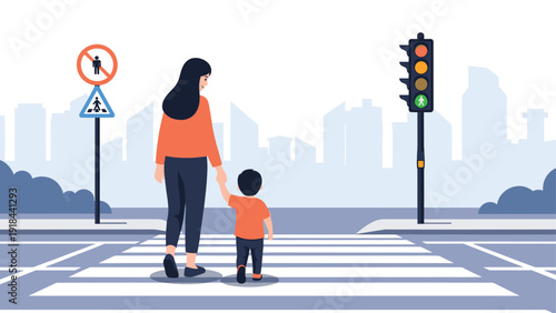 Mother and child holding hands while crossing the street safely at a pedestrian crosswalk with a green traffic light.