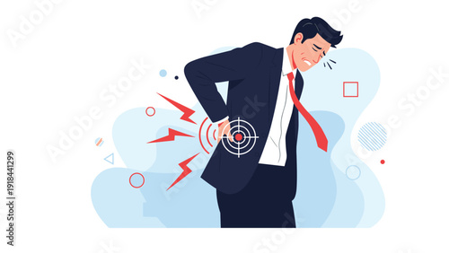 Businessman suffering from severe lower back pain, clutching his side with a pained expression, indicating a health problem.