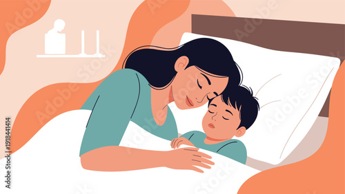 Loving mother gently putting her child to sleep in bed, sharing a tender moment of care and affection and a goodnight kiss.