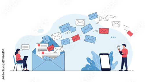 People sending and receiving emails and messages using laptops and smartphones, symbolizing digital communication and networking.