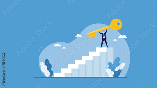 Businessman standing on top of a staircase holding a giant golden key, symbolizing success, opportunity, and unlocking potential.