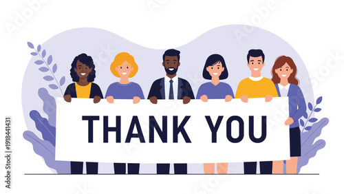 Diverse group of smiling people holding a large "Thank You" banner together, expressing gratitude and appreciation in unity.