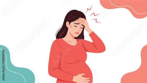 Pregnant woman experiencing a severe headache, holding her forehead and stomach in discomfort, highlighting pregnancy challenges.