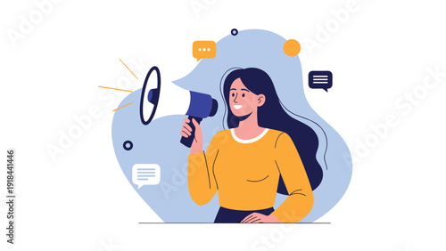 Smiling woman holding a megaphone and speaking, symbolizing announcement, marketing, communication, and public relations.