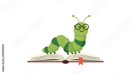 Cute cartoon caterpillar with glasses sitting on an open book, symbolizing reading, learning, education, and early literacy.