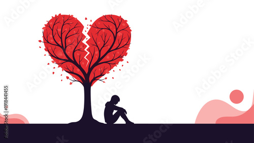 Solitary person sitting under a tree shaped like a broken heart, symbolizing heartbreak, sadness, loss, and emotional pain.