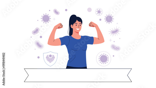 Strong woman flexing her biceps, surrounded by bacteria and viruses, symbolizing a powerful immune system and health.