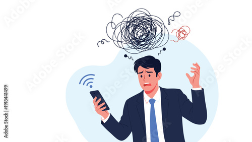 Frustrated businessman looking distressed at his phone, experiencing a bad internet connection or network problem.