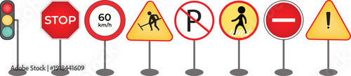 Set of road signs, Traffic signs. Stop, Taxi, Maximum speed, School crossing, Dangerous, Left curve, Traffic light symbol Design Vector Illustration