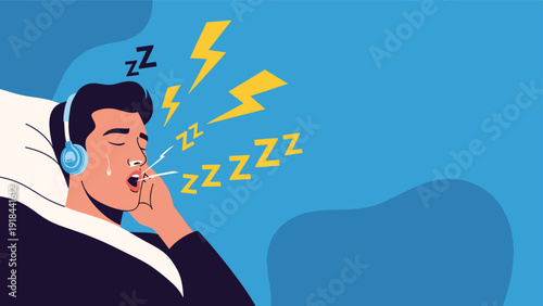 Man snoring loudly in bed with zzz and lightning bolt symbols, indicating sleep apnea or a restless, disturbed sleep.