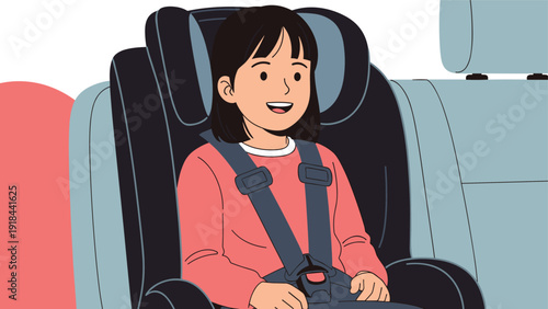 Happy child smiling while securely fastened in a car safety seat, emphasizing child safety and secure travel.