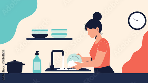 Young woman washing dishes at the kitchen sink in a clean and organized kitchen, emphasizing daily chores.