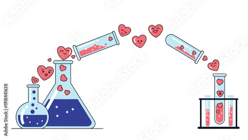 Cartoon hearts flowing between laboratory beakers and test tubes, symbolizing love chemistry, passion, or scientific romance.