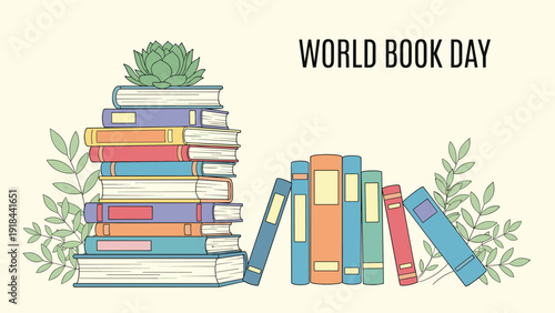 Stack of colorful books with "World Book Day" text, celebrating reading, literature, education, and knowledge worldwide.