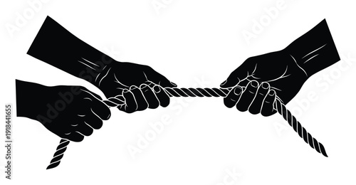 Tug of war vector illustration in flat design, hands pulling rope in competitive game activity