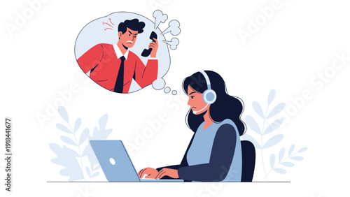 Female customer service agent dealing with an angry, yelling customer on the phone, symbolizing stress and challenging work.