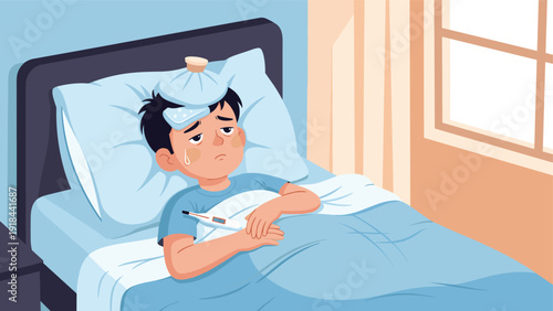 Sick boy lying in bed with a thermometer in his mouth and an ice pack on his head, suffering from fever and illness.