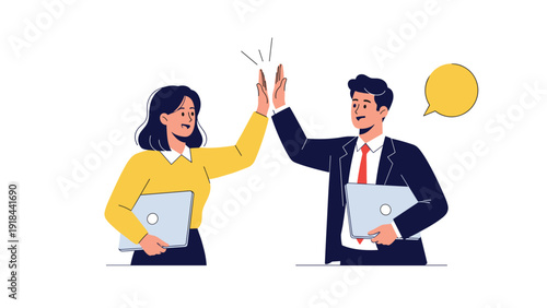 Business man and woman giving a high five, celebrating success, symbolizing teamwork, collaboration, and professional partnership.