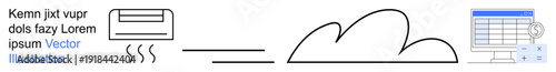 Cloud computing, data storage, digital technology, smart systems, remote work, air conditioning control. Minimal line art a cloud, air conditioner and data interface. Cloud computing and data