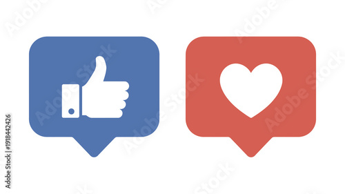 A digital illustration features two speech bubbles one blue with a white thumbs up and one red with a white heart high quality professional detailed modern